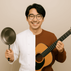 二足のわらじで働く日本人音楽家。ギターとフライパンを手に持ち、複数の仕事を両立するイメージ