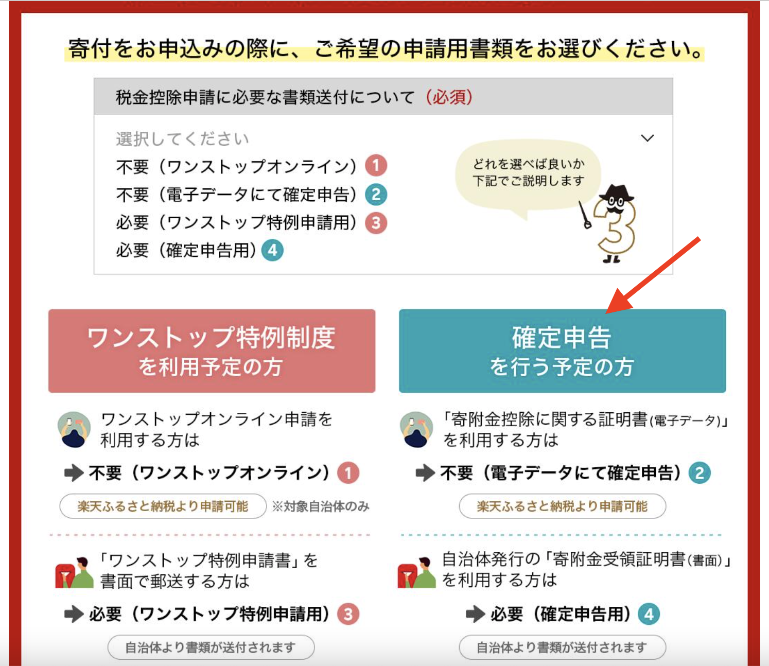 ふるさと納税の申請書類選択方法 ワンストップ特例制度と確定申告の違いを解説する図解
