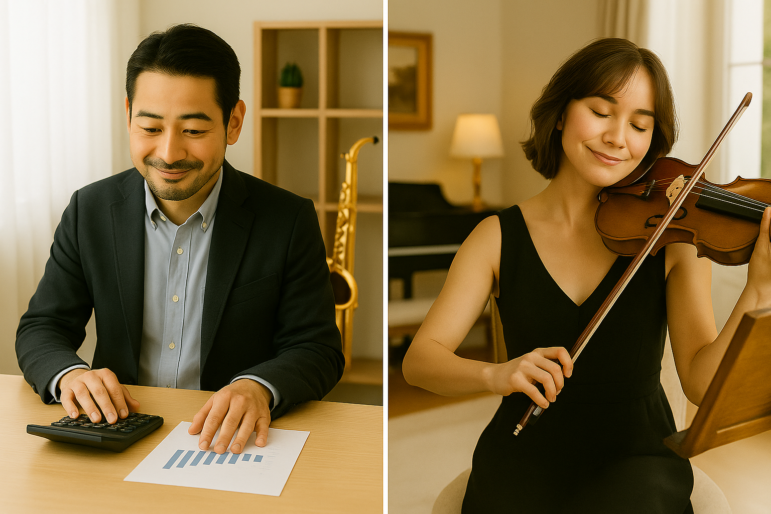 経理作業をするサックス奏者の男性と、ヴァイオリンを演奏する女性アーティスト。職業音楽家と芸術家の対比を描いた写真。