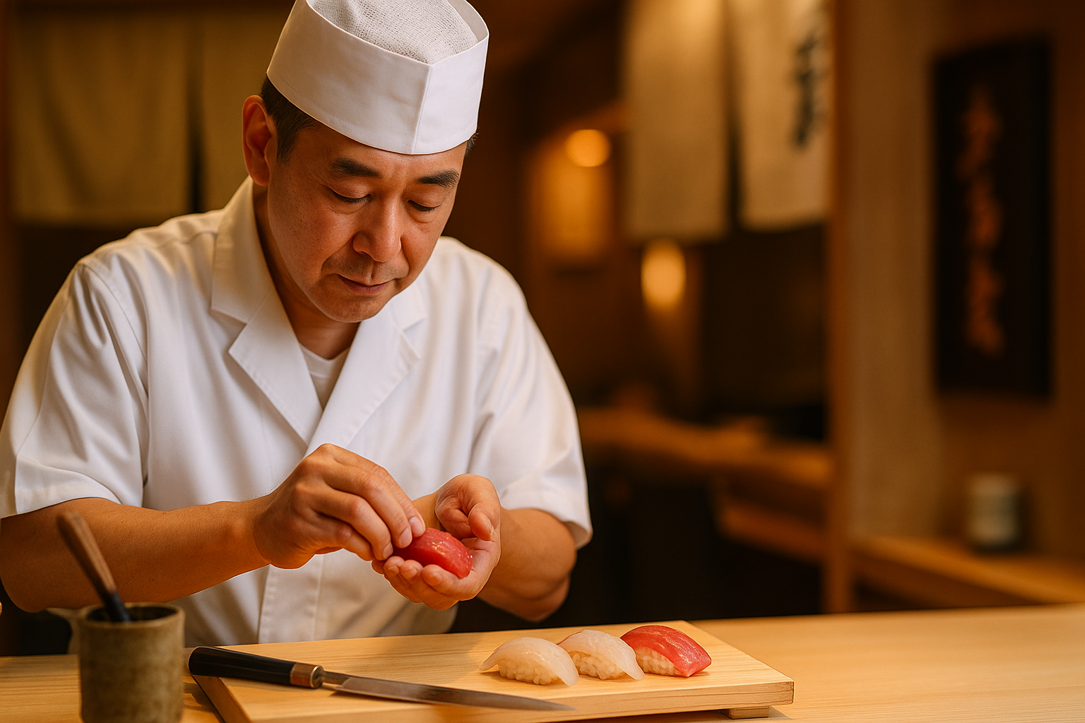 銀座の寿司職人が丁寧に寿司を握る様子。熟練の技と信用が高い寿司店の象徴。