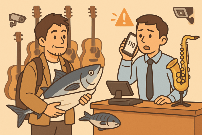 現代人が高級魚を抱えて楽器店でサックス購入を申し出ると、店員が110に電話して対応する場面のイラスト