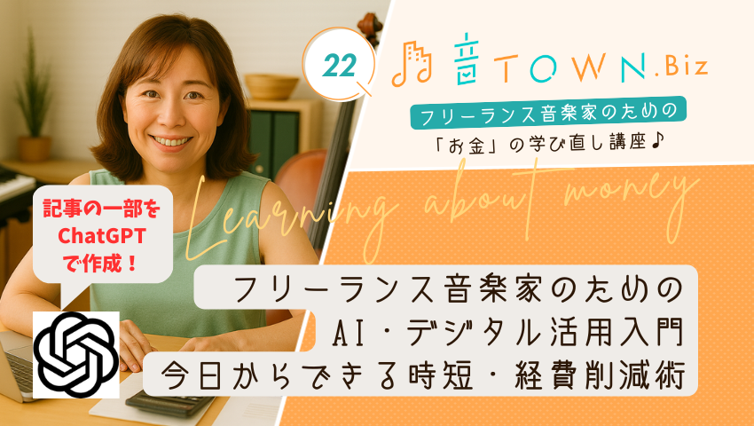 フリーランス音楽家のためのAI・デジタル活用入門の記事サムネイル画像。女性音楽家の写真と『今日からできる時短・経費削減術』というタイトルがデザインされたアイキャッチ